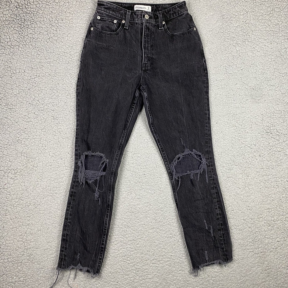 Abercrombie & Fitch 25/0 SHORT Curve Love Mom‎ High Rise Jeans Distressed Black